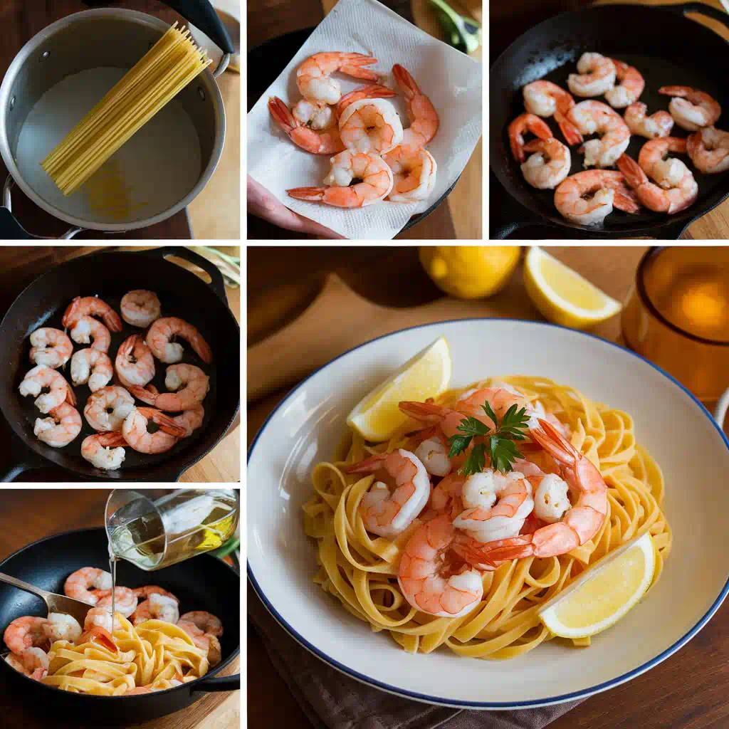 A beautifully plated Shrimp Scampi with succulent shrimp in a buttery garlic sauce over linguine, garnished with fresh parsley and lemon wedges. The elegant table setting features soft, warm lighting, creating a cozy atmosphere."