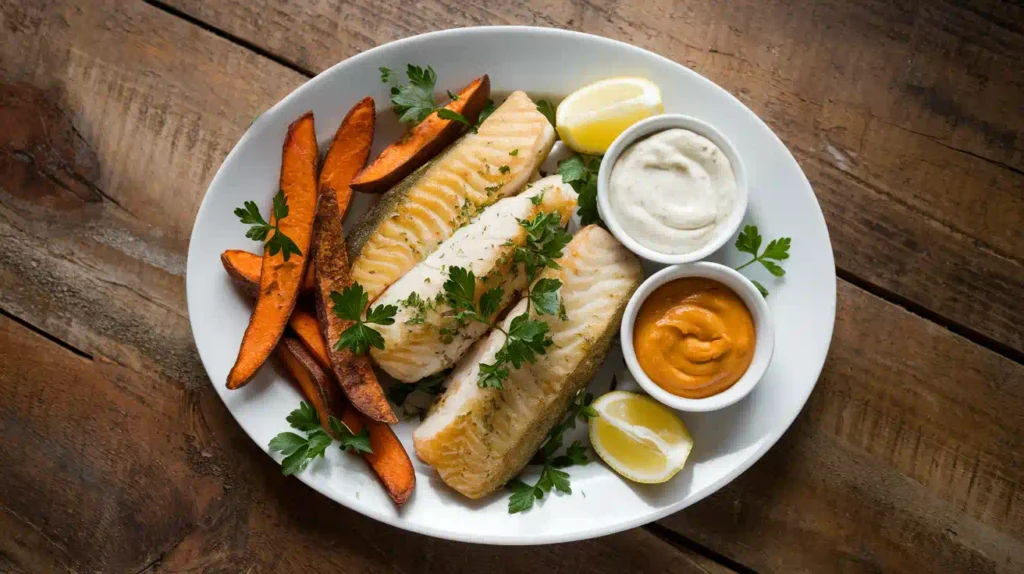 A plated lectin-free fish and chips dish with dipping sauces