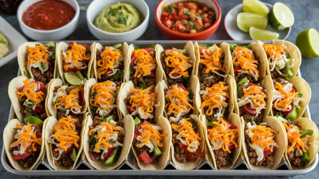 Freshly assembled mini tacos with toppings