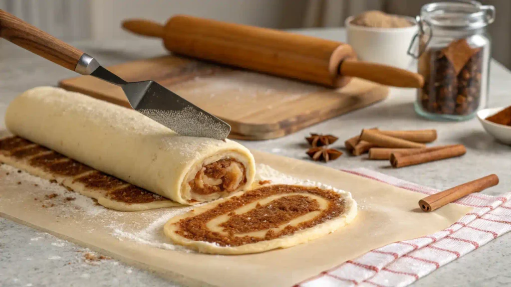 Spreading cinnamon sugar filling on rolled-out dough for sourdough cinnamon rolls.