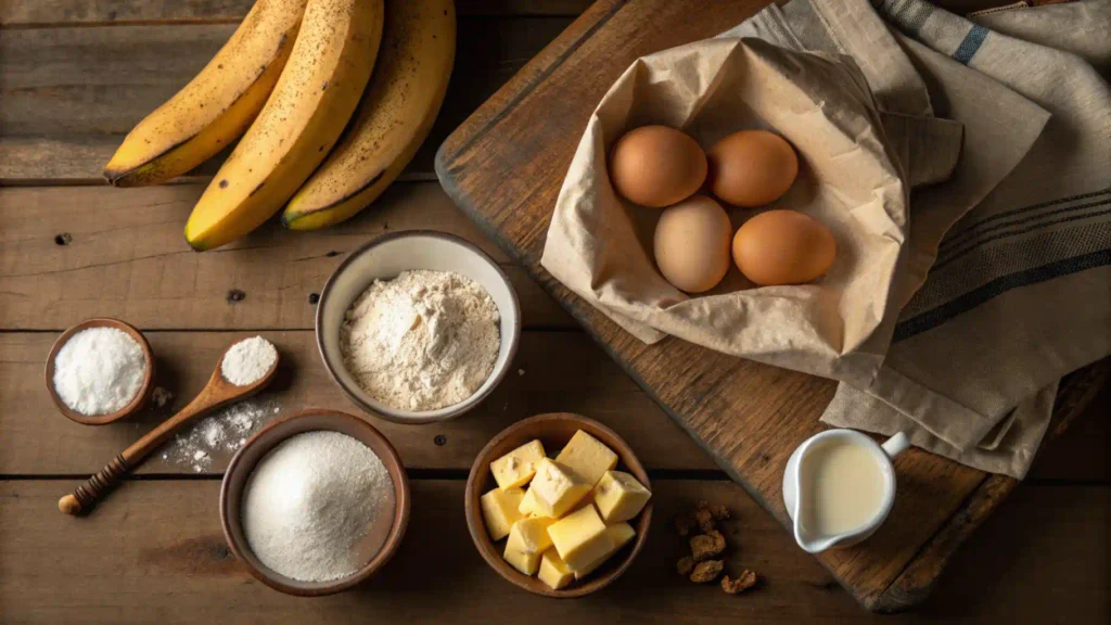 Ingredients for making banana bread with two bananas.