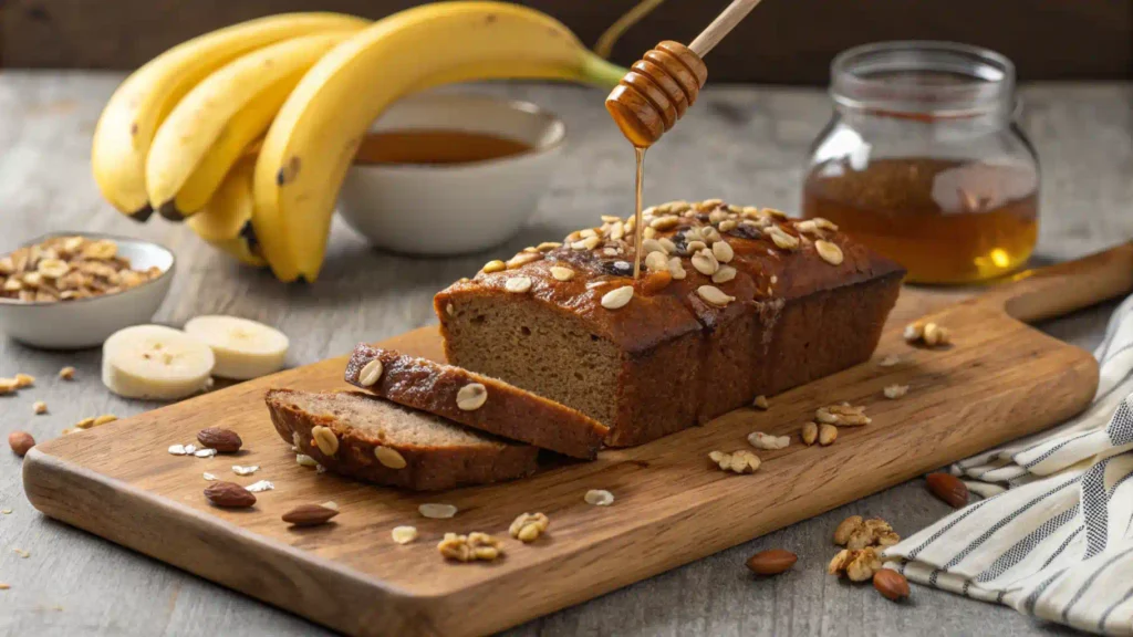 Perfect banana bread with 2 bananas, honey drizzle, and nuts.