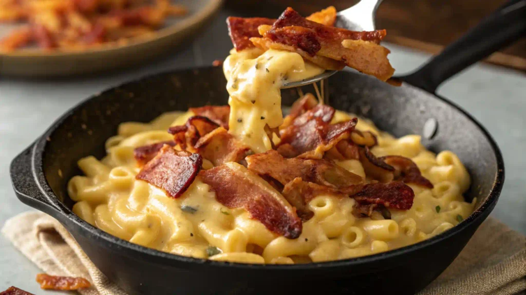 A delicious bowl of creamy mac and cheese with tender beef chunks, garnished with a sprinkle of shredded cheese, served in a rustic bowl on a wooden table.