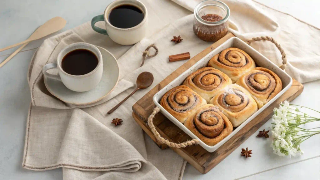 Warm sourdough cinnamon rolls served for breakfast