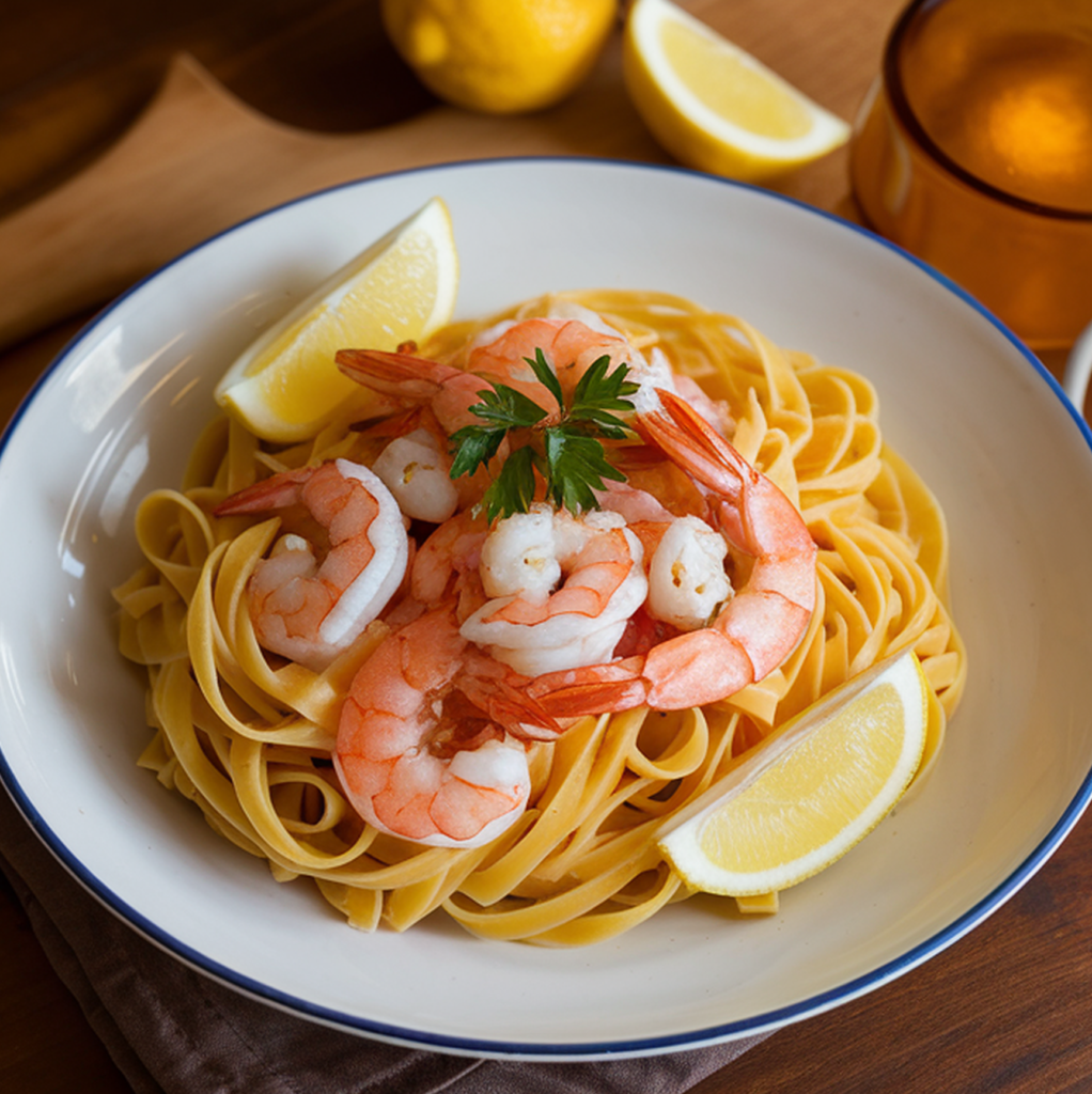 Linguine pasta being tossed into the skillet with shrimp and sauce, with the sauce evenly coating the pasta.