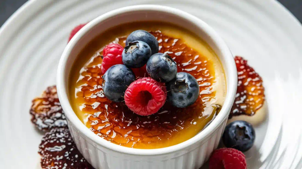 A perfectly caramelized crème brûlée topped with berries.