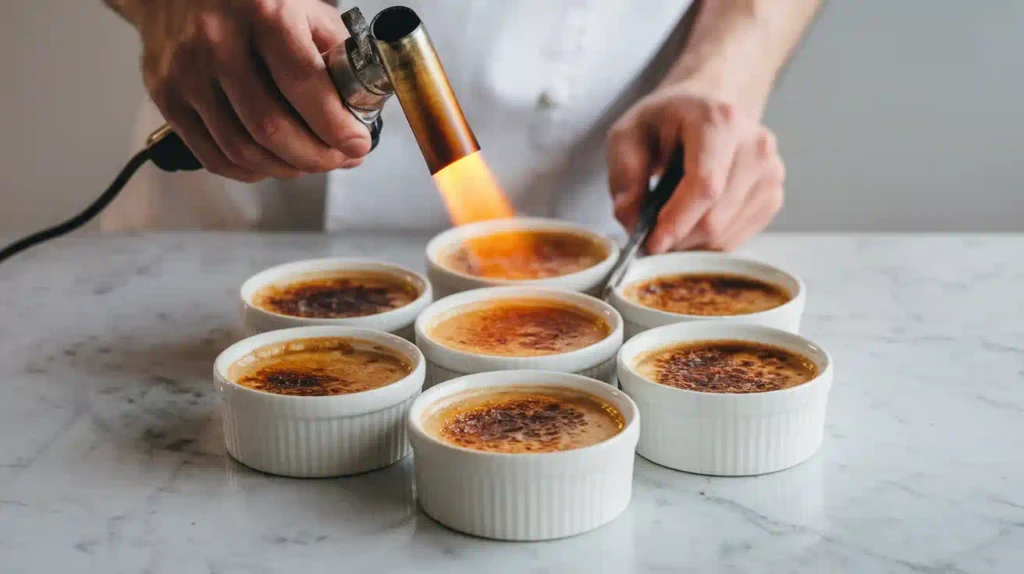  A chef using a blowtorch to caramelize sugar on crème brûlée.