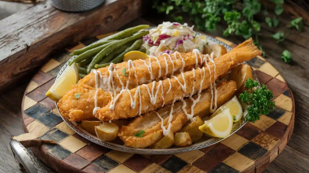 Fish fry platter with crispy fish, hush puppies, and coleslaw