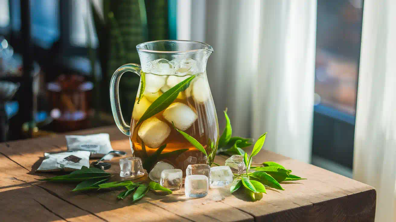 A glass pitcher of cold brew green tea with fresh tea leaves and ice cubes on a wooden table.