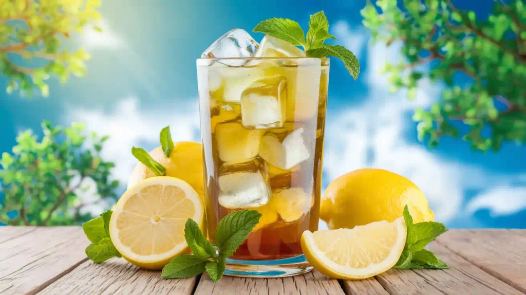 A refreshing glass of iced green tea with lemon and mint, perfect for a summer day.