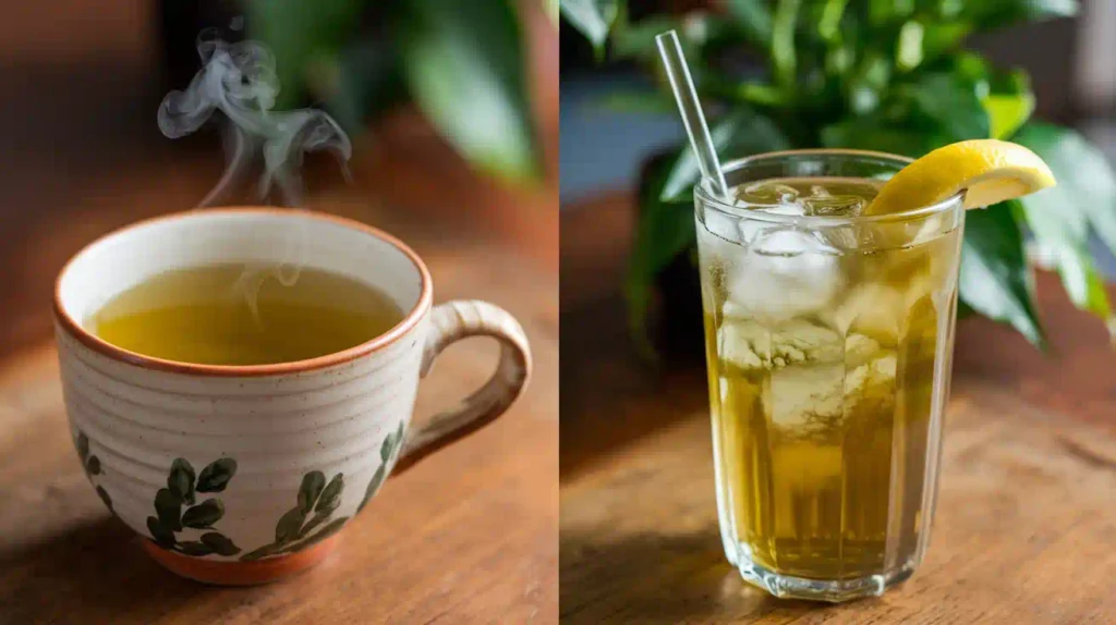 Hot green tea in a ceramic cup compared to iced green tea in a glass tumbler.