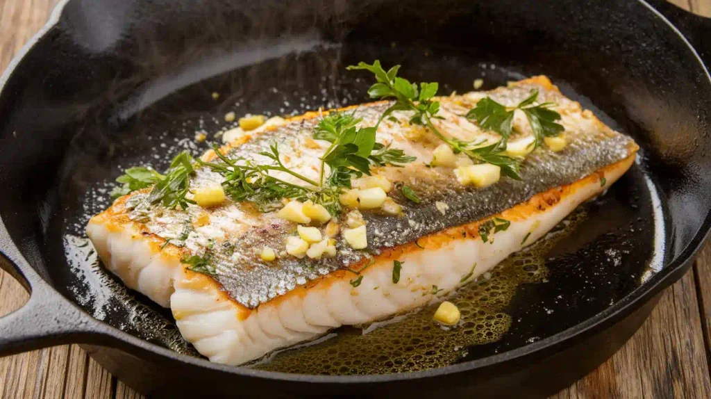 Rockfish cooking in a cast iron pan with butter and garlic.