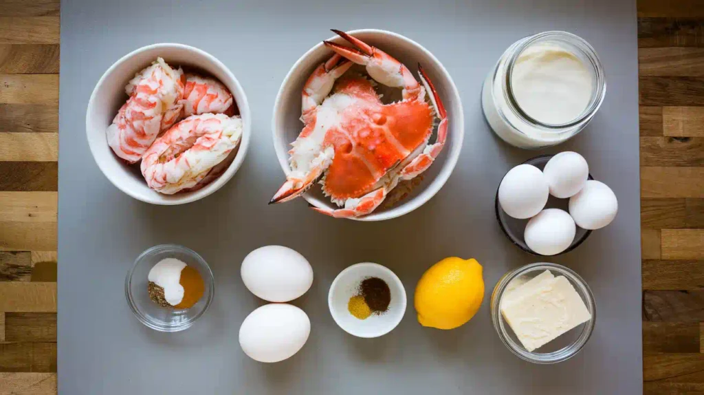 A flat lay of crab brûlée ingredients, including fresh crab meat, cream, eggs, grated cheese, and seasonings, neatly arranged on a wooden surface.