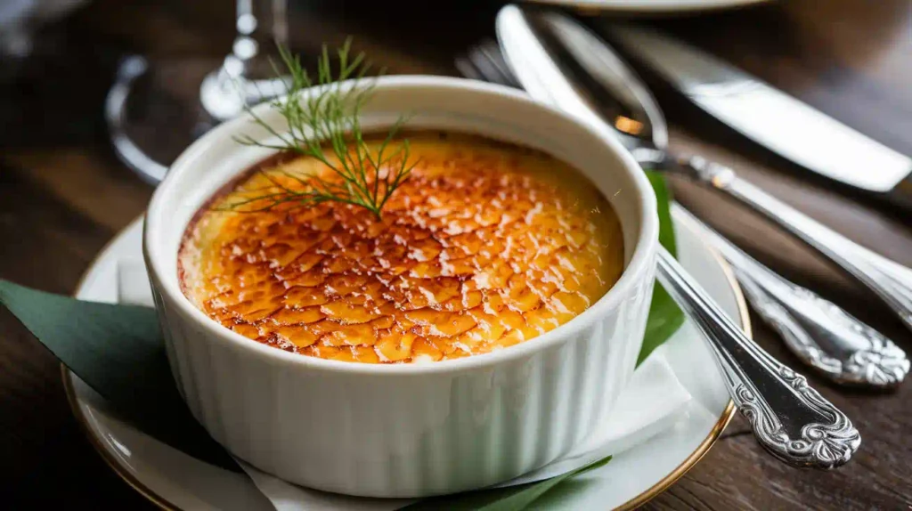 Ramekins of Crab Brulee in a water bath ready for baking