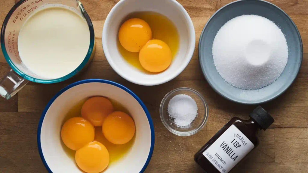 Fresh ingredients for crème brûlée including eggs, cream, sugar, and vanilla beans.