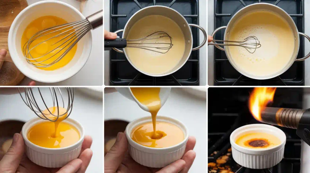 Step-by-step process of making crème brûlée with detailed visuals.