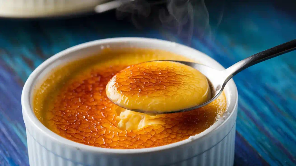 Close-up of a classic crème brûlée with caramelized sugar crust and creamy custard.