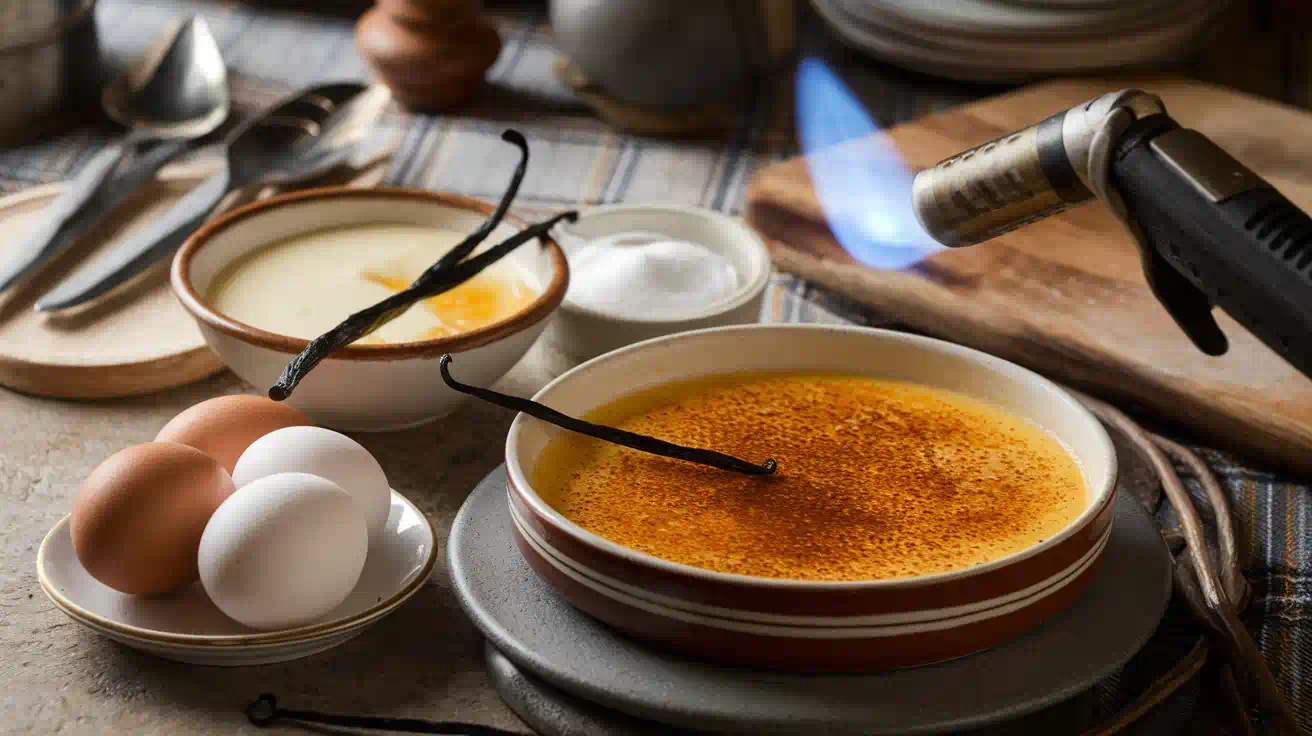 Crème brûlée with caramelized sugar crust and berry garnish.