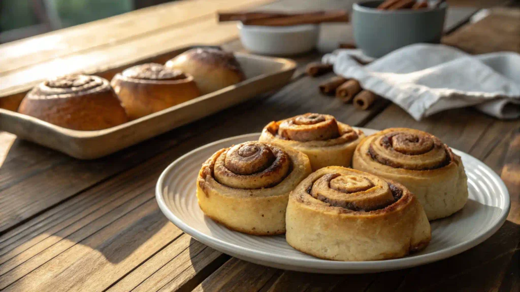 Freshly baked sourdough discard cinnamon rolls on a wooden table.