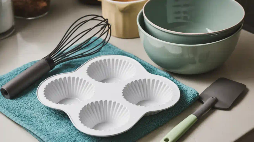 A madeleine pan, whisk, mixing bowls, and spatula arranged neatly on a kitchen countertop.