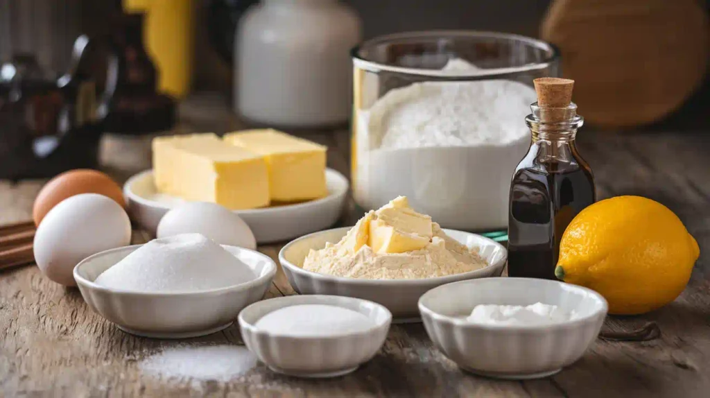 Essential ingredients for madeleine cookies: eggs, butter, sugar, flour, vanilla extract, and a lemon.