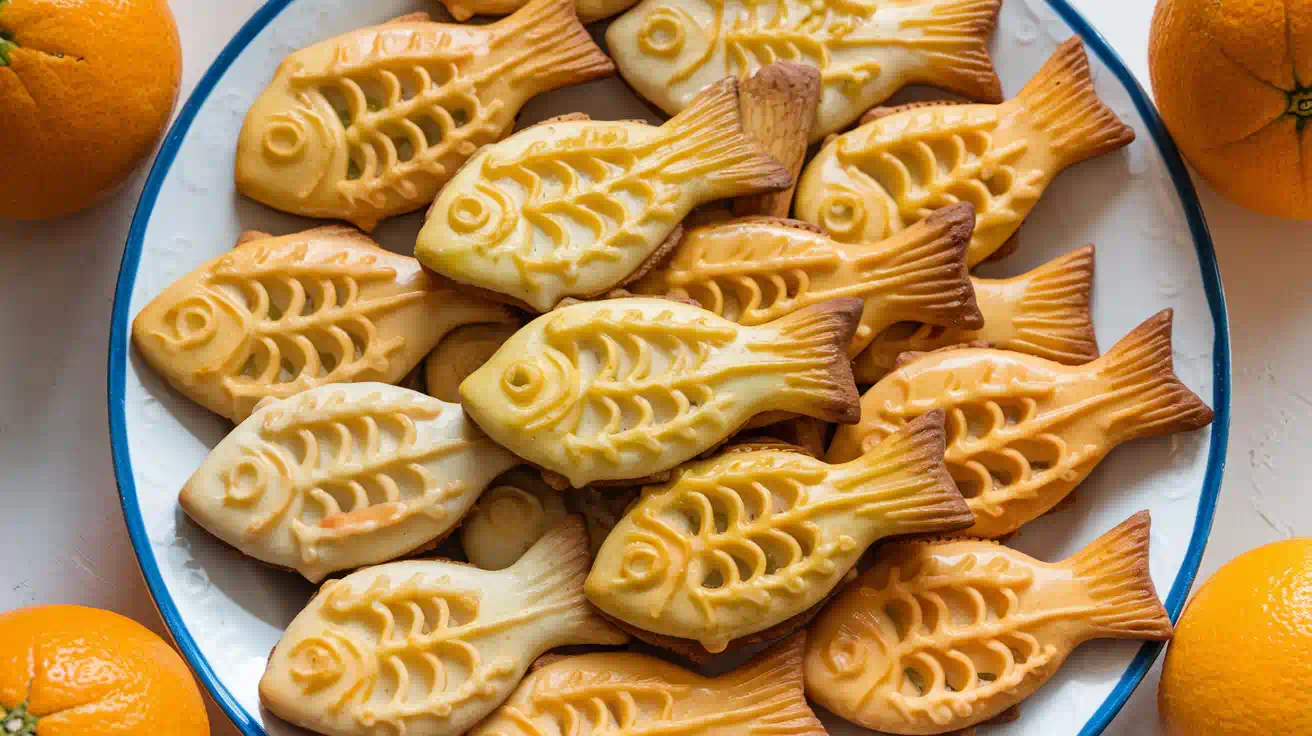 Freshly baked orange fish cookies with zesty orange glaze.