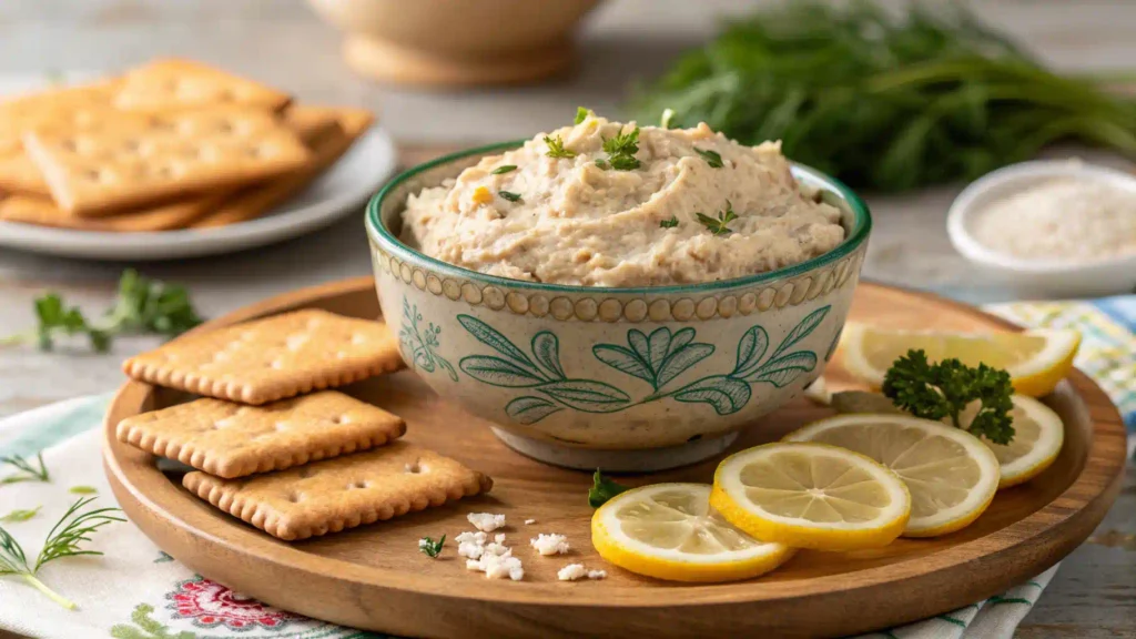 A serving of fish paste with crackers, herbs, and lemons on a wooden platter.