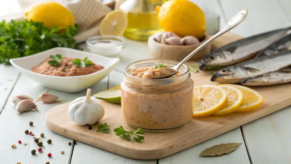 Fish paste in a jar with fresh ingredients