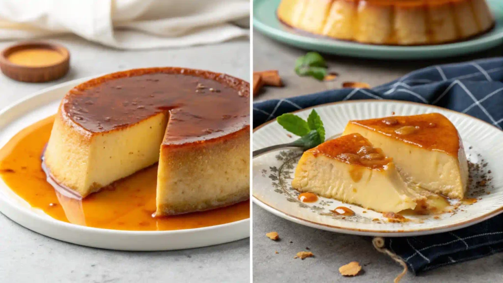 A comparison of a perfect Flan Napolitano and a cracked flan.