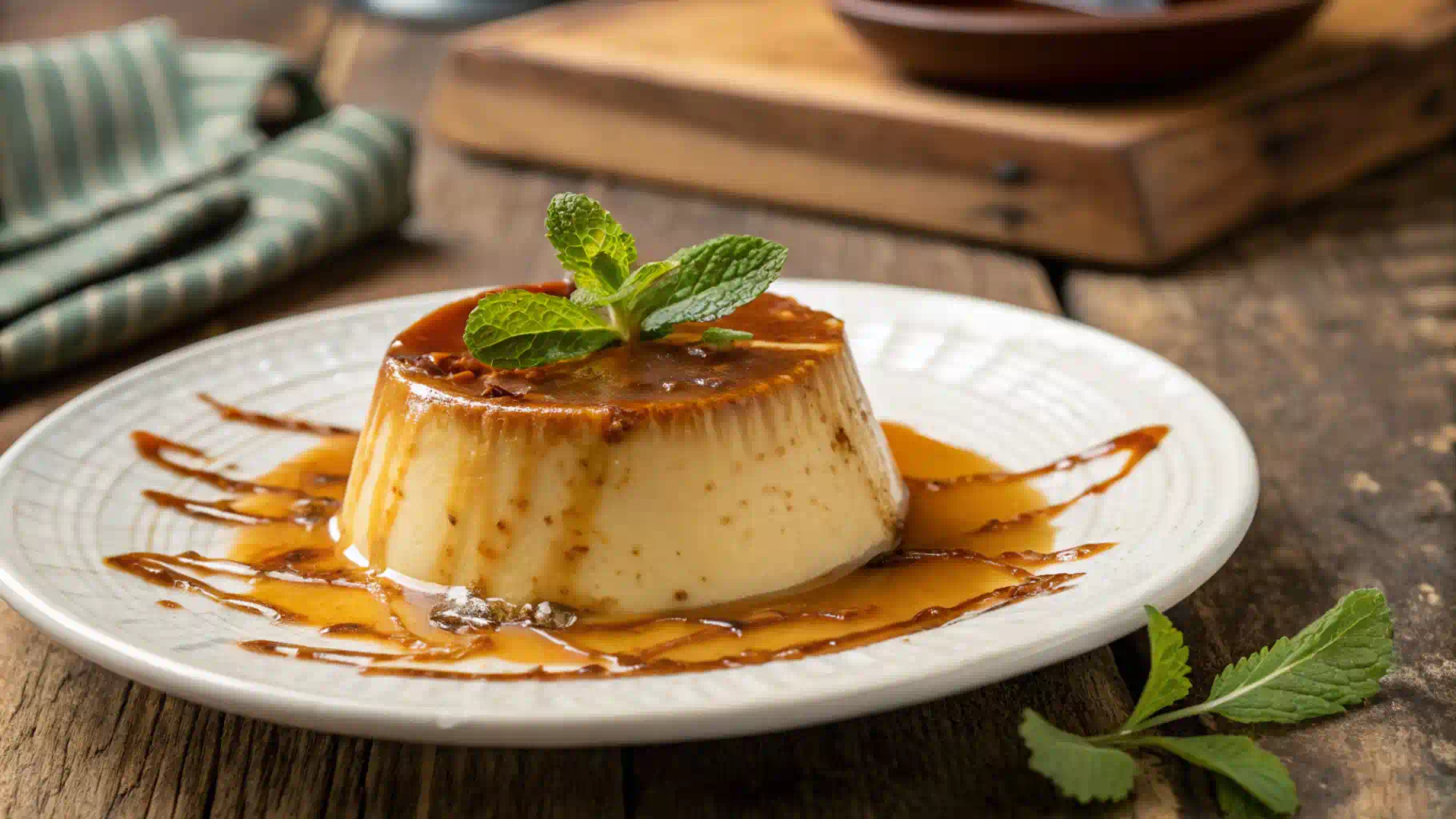 A creamy Flan Napolitano topped with caramel sauce on a white plate