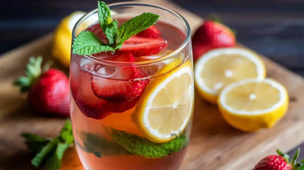 A glass of cold brew green tea with fresh strawberries, lemon slices, and mint leaves for flavor variations.