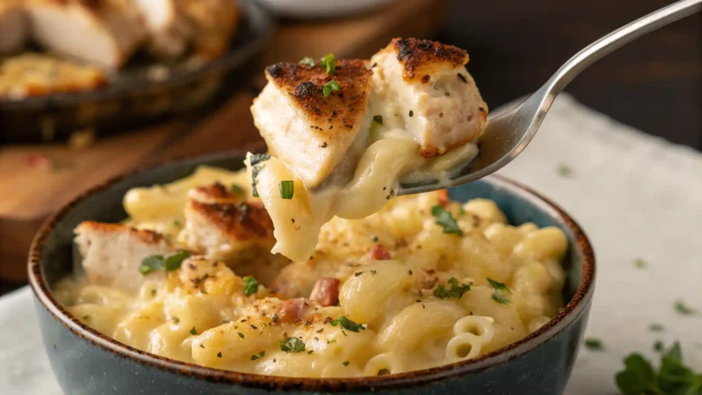 Close-up of cheesy protein mac and cheese with herbs and grilled chicken.