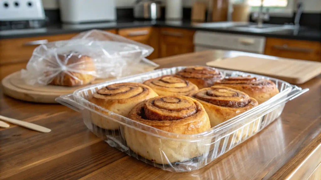 Individually wrapped sourdough cinnamon rolls in a container.