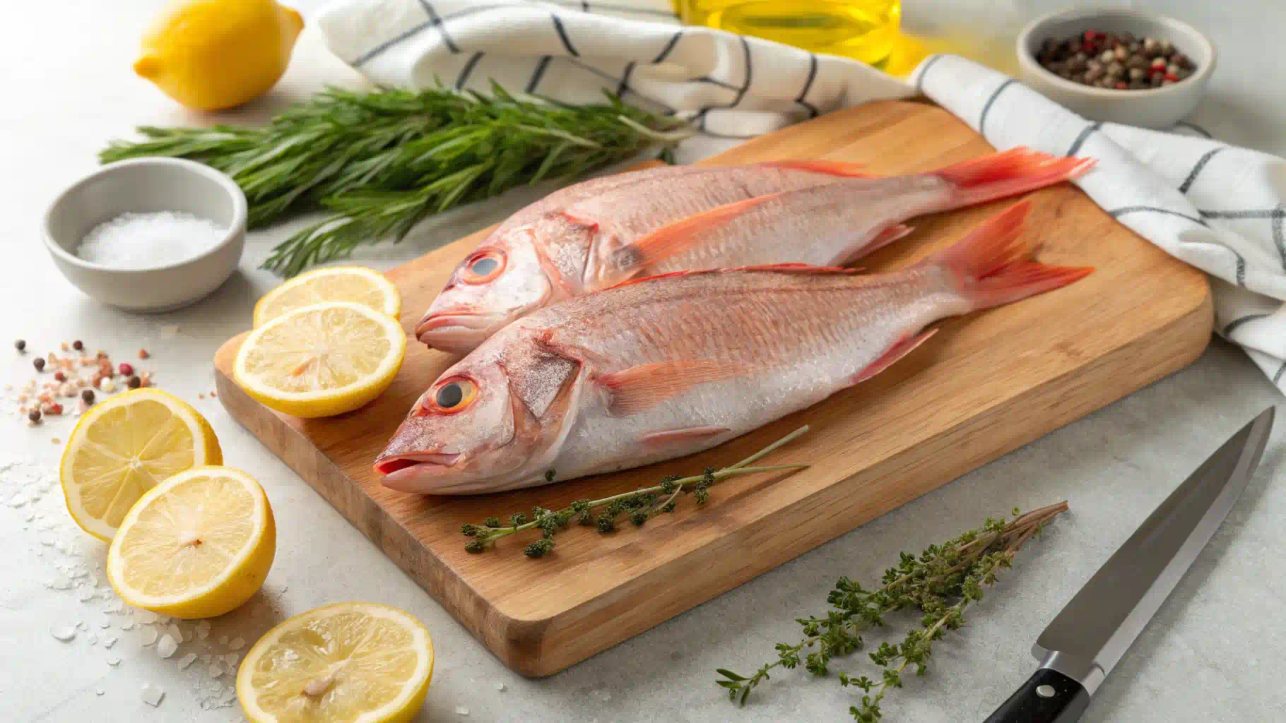 Fresh rockfish with lemon and herbs on a cutting board