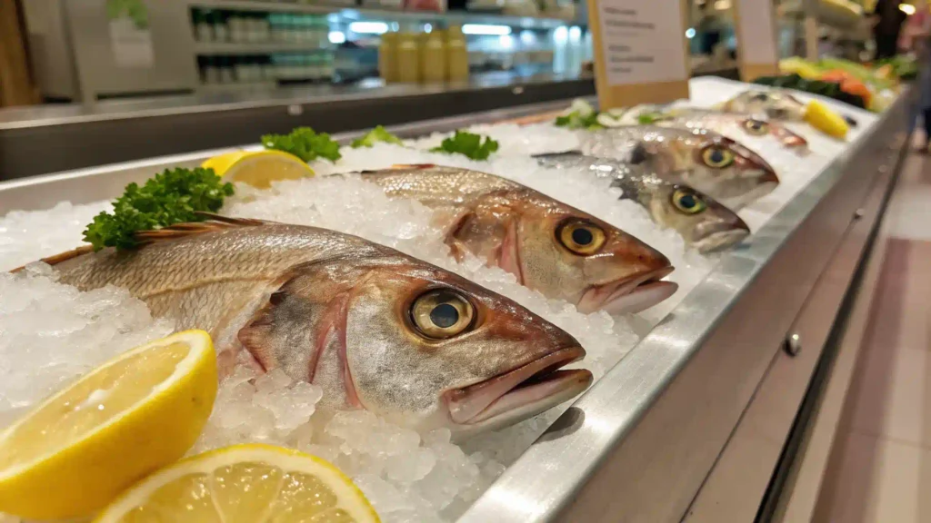 Fresh rockfish on a fishmonger’s counter with clear eyes and shiny skin