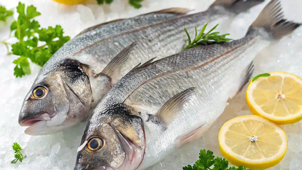 Fresh rockfish on ice at a seafood market with lemons and parsley.