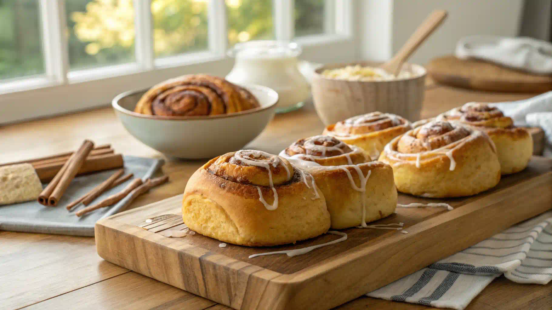 Freshly baked sourdough cinnamon rolls with cream cheese glaze