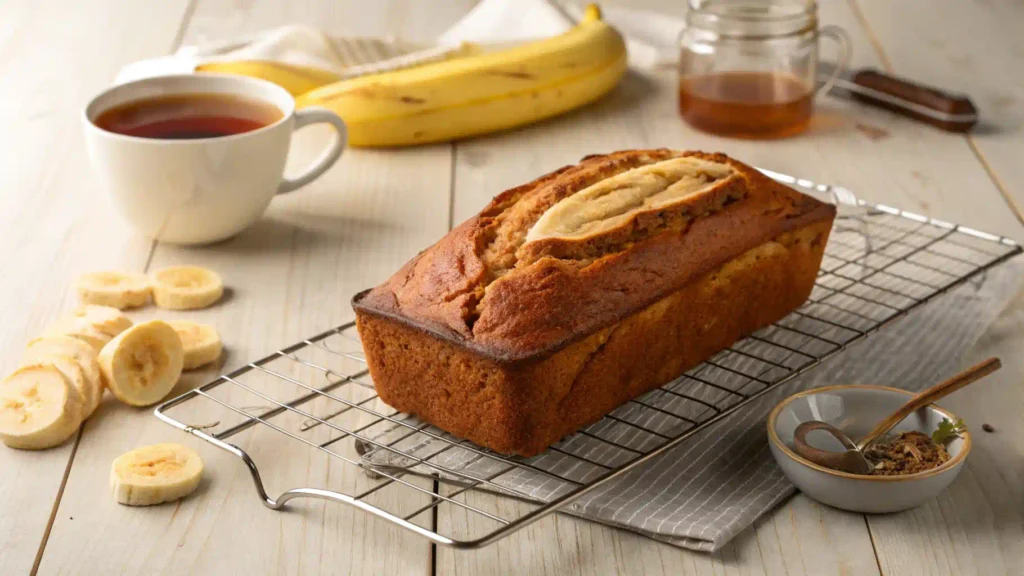 Golden brown banana bread cooling on a wire rack.