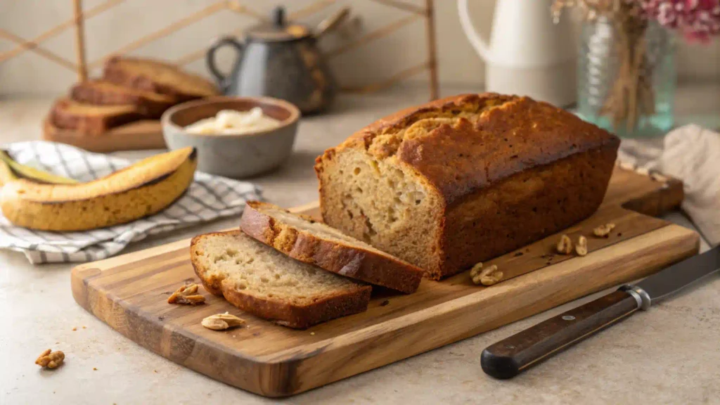 Sliced banana bread showing moist texture and golden crust.