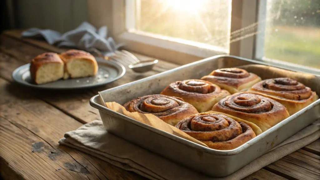 Freshly baked sourdough cinnamon rolls on a wooden table.