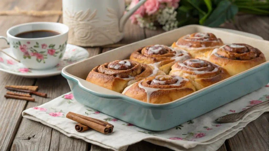 Plate of sourdough discard cinnamon rolls with icing on a rustic wooden table.