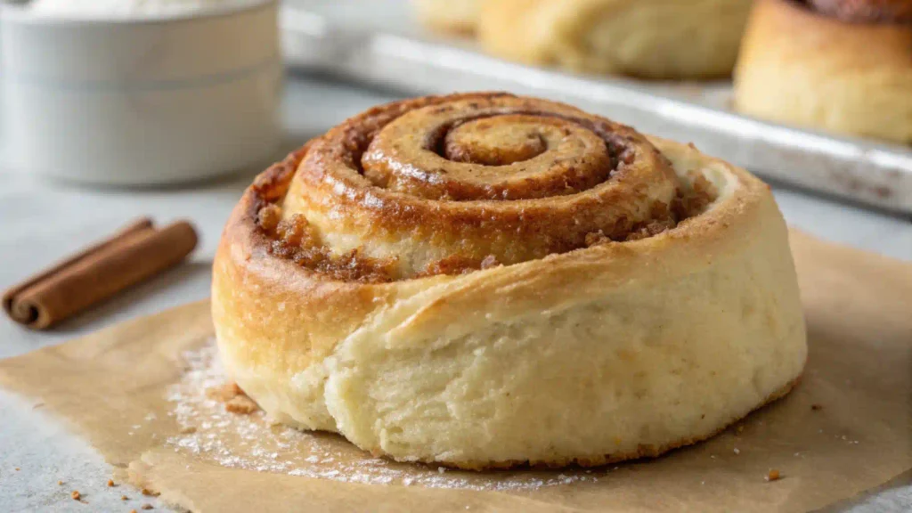 Freshly baked sourdough discard cinnamon rolls with golden fluffy texture.