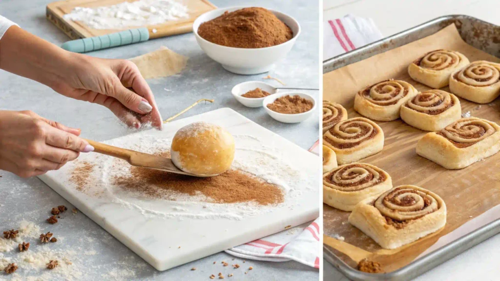 Freshly baked sourdough discard cinnamon rolls with golden fluffy texture.