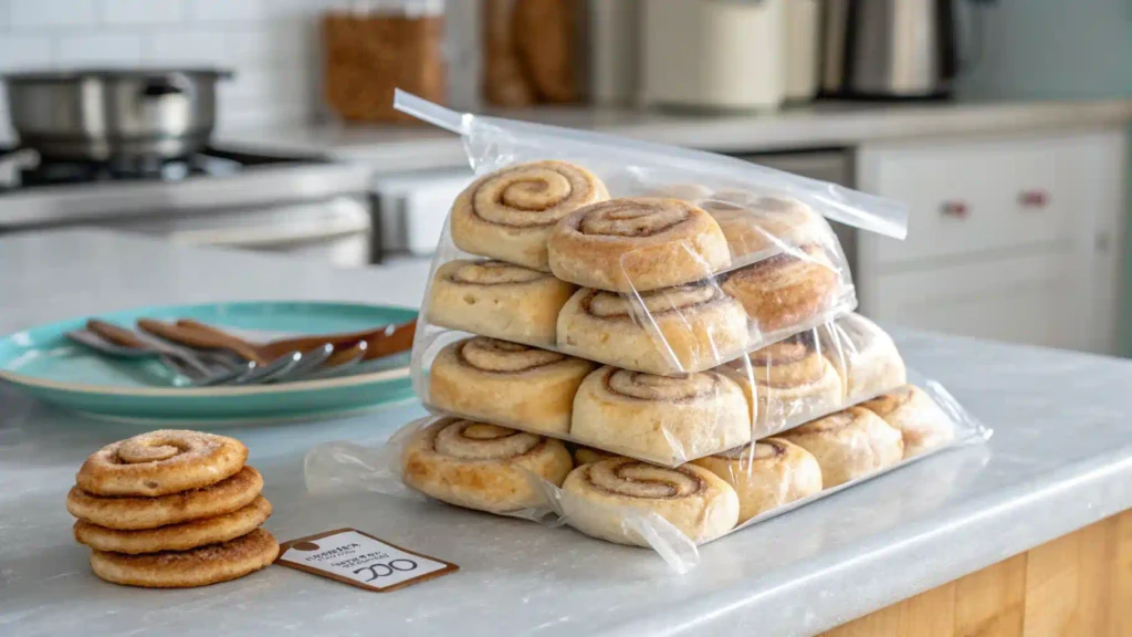 Frozen sourdough cinnamon rolls in a labeled freezer bag.