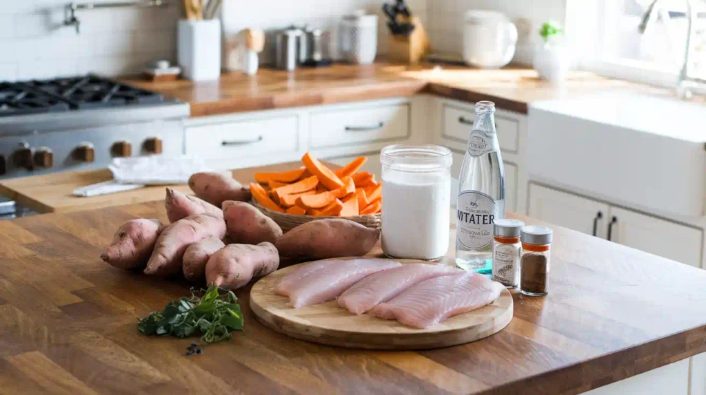 Ingredients for lectin-free fish and chips on a wooden countertop