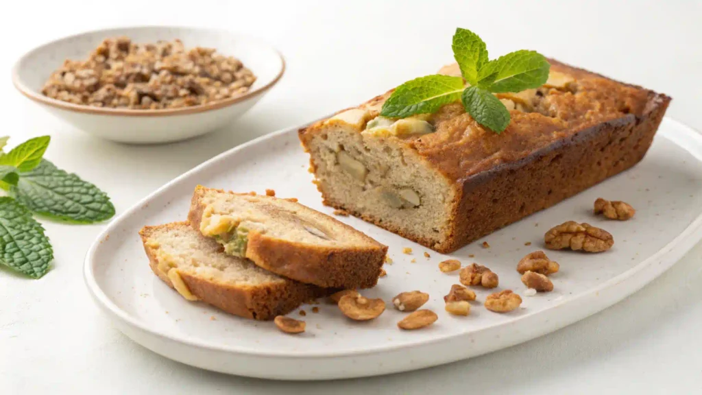 Gluten-free banana bread slice with crushed nuts.