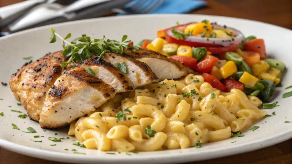 Plate of mac and cheese with grilled chicken.