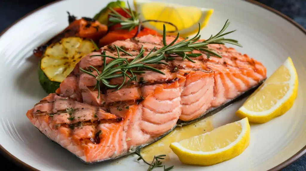 Grilled salmon with rosemary thyme butter and vegetables.