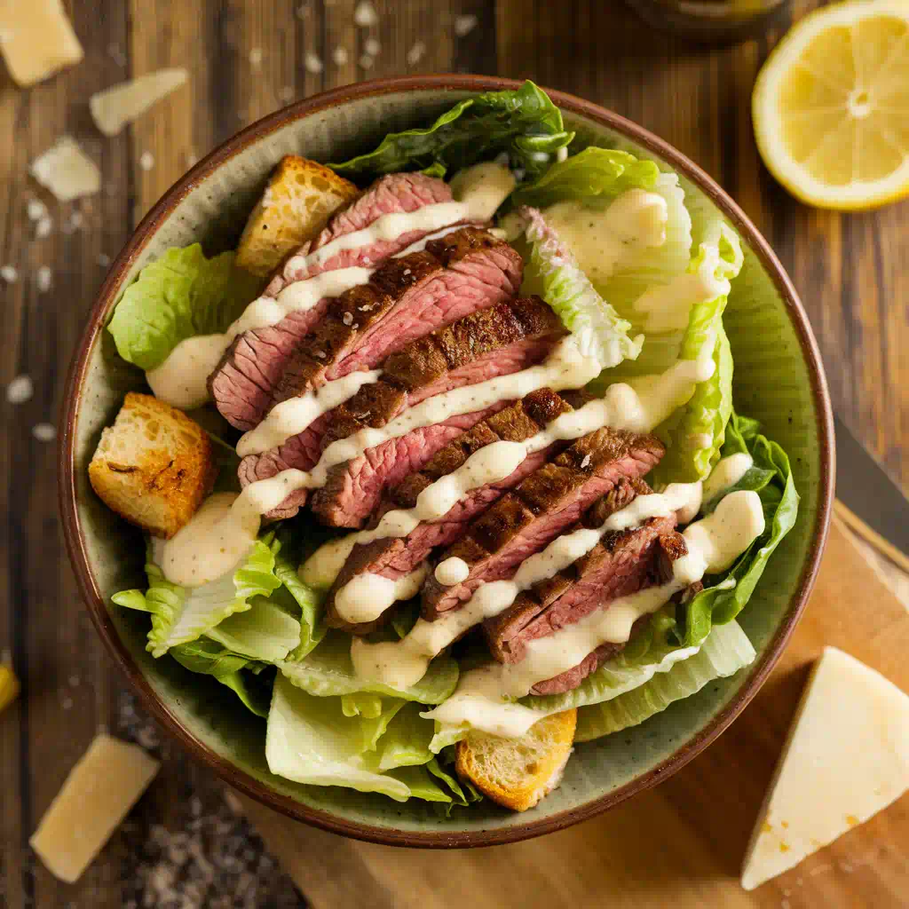 A Grilled Steak Caesar Salad with tender steak slices, crisp romaine lettuce, golden croutons, and creamy dressing, served in a rustic bowl on a wooden table.