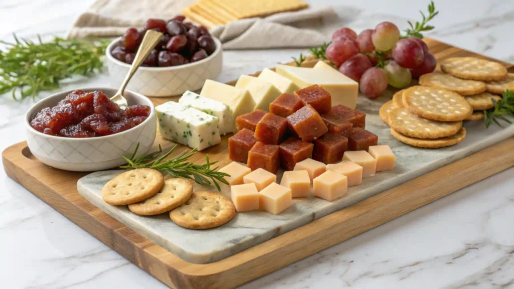 Charcuterie board featuring guava paste and cheese.